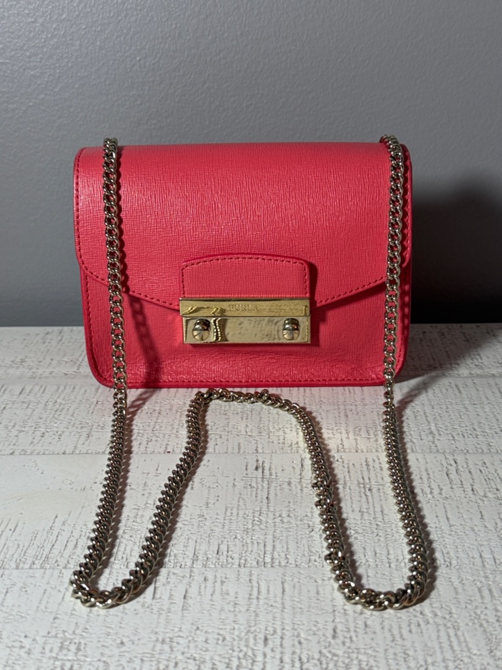 Furla Coral Pink Leather Crossbody with Gold-Tone Chain